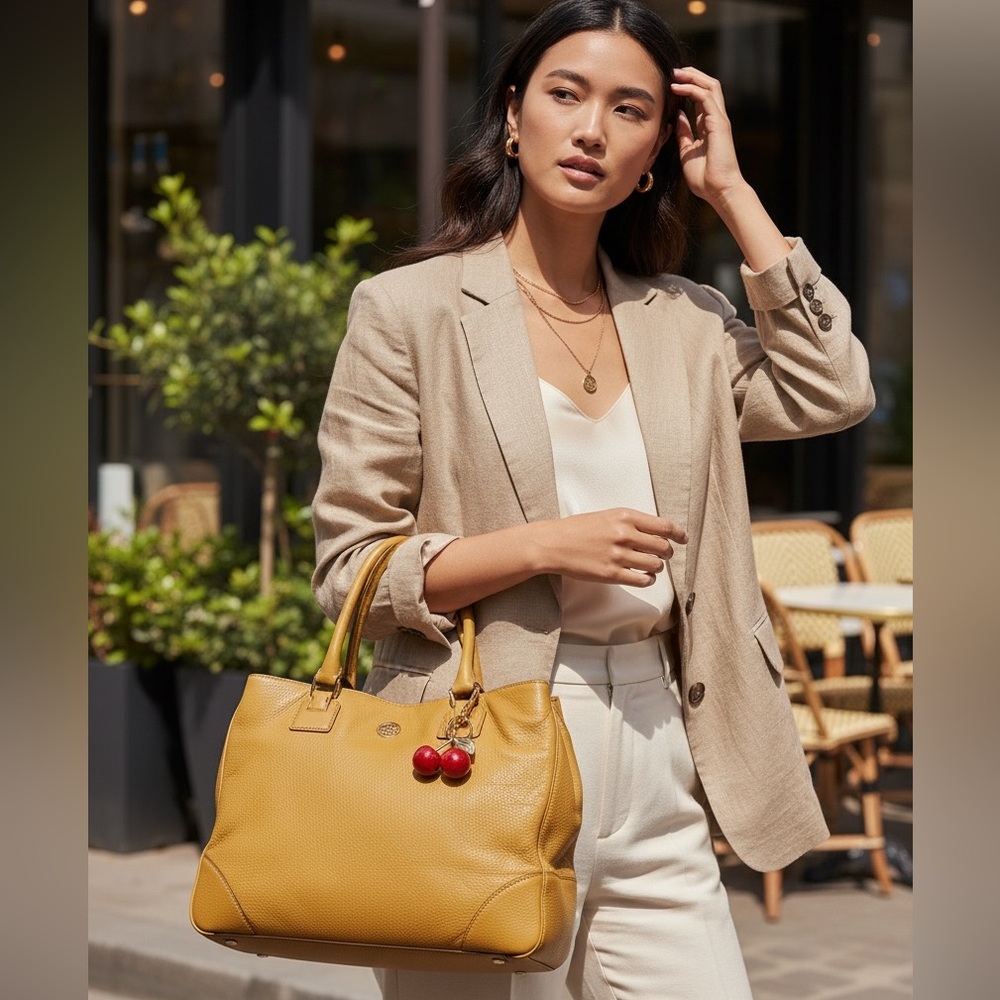 Tory Burch Tan Leather Tote with Cherry Charm - Picture 4 of 17